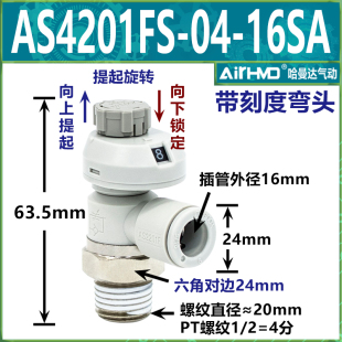 SMC型气动接头带刻度节流阀调速调气阀AS1201FS-M5-04/06A/2201FS