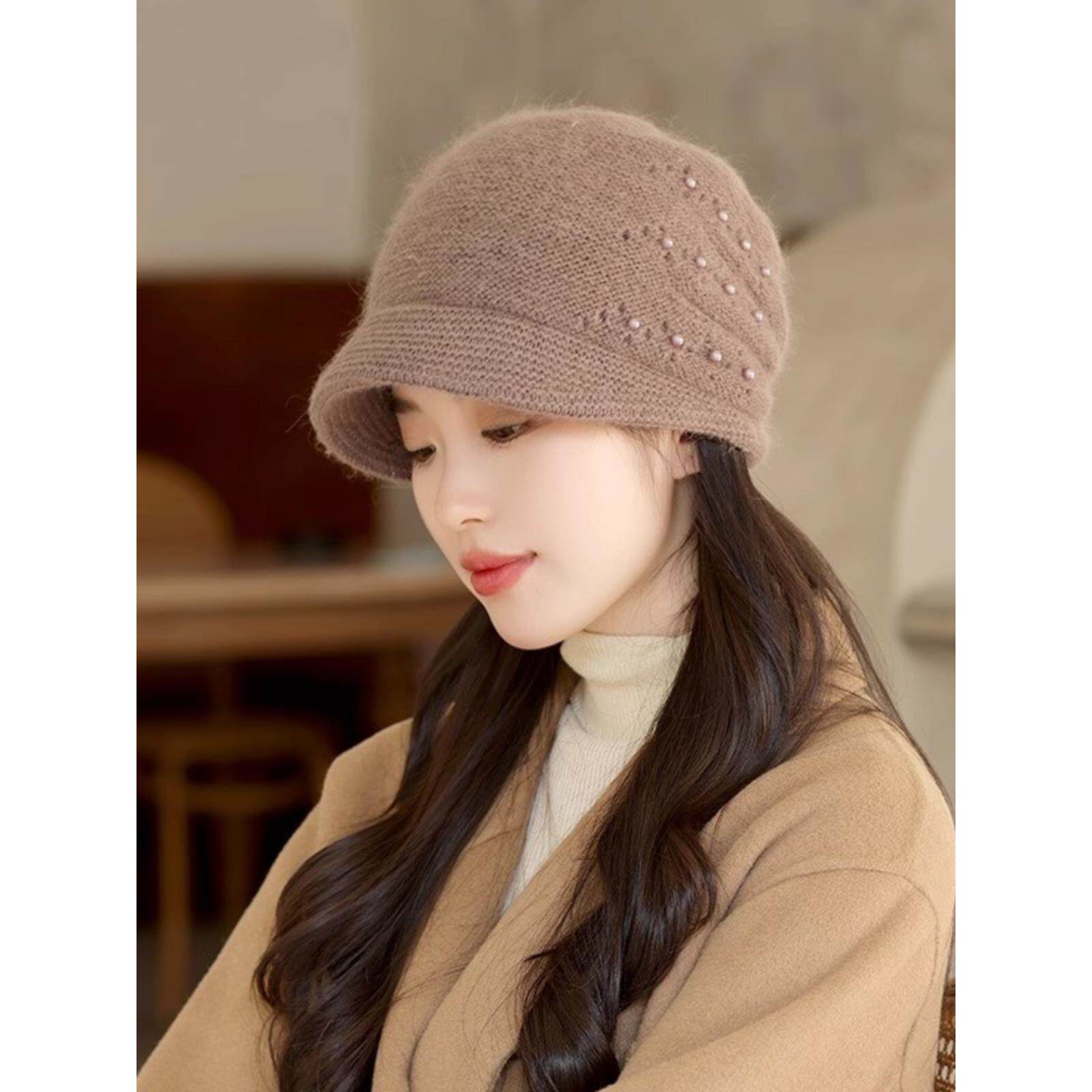 Pullover yarn cap帽子洋气秋冬季保暖针织帽檐中女士套头毛线帽