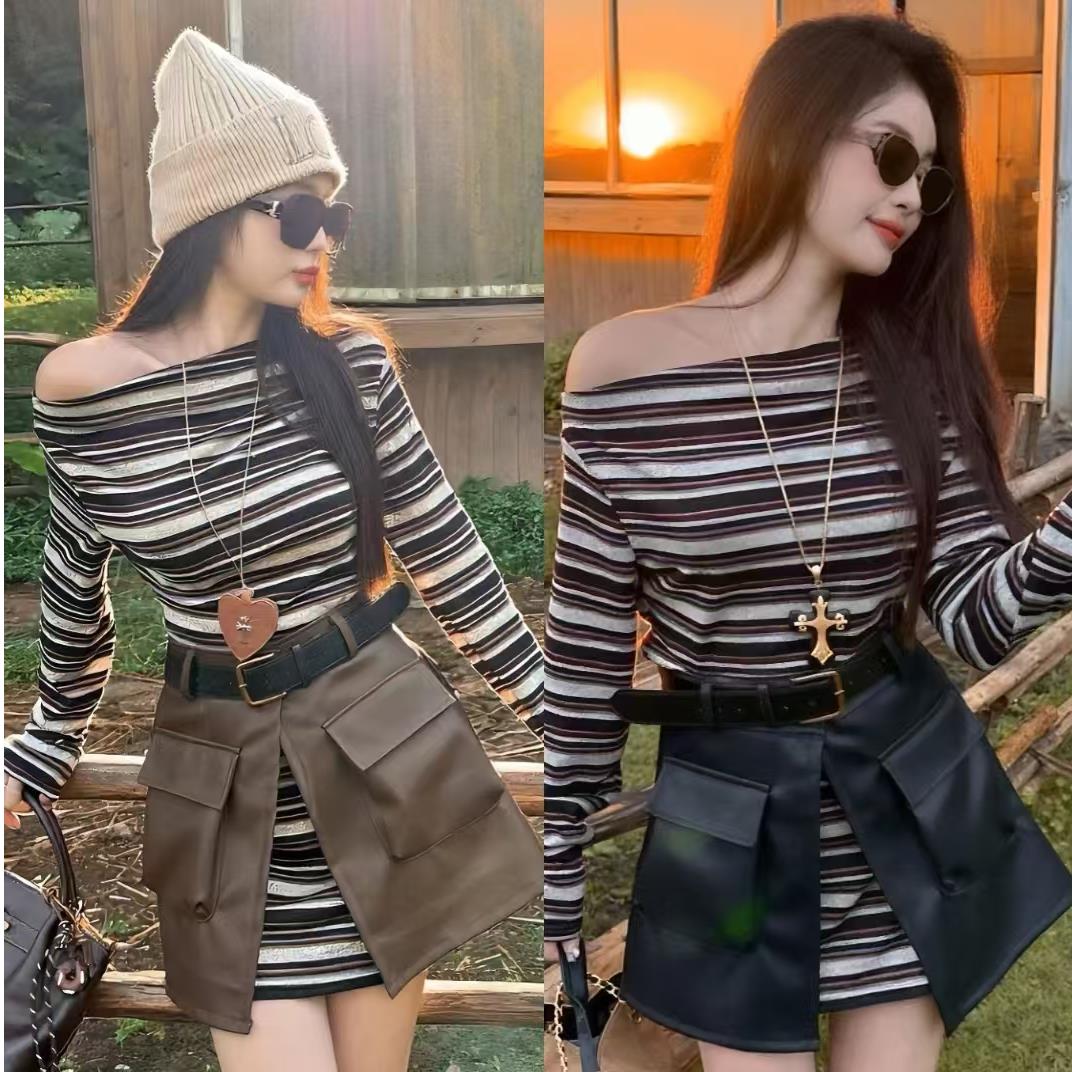 2025时尚穿搭套装秋款一字领露肩条纹T恤+气质开叉皮短裙两件套潮