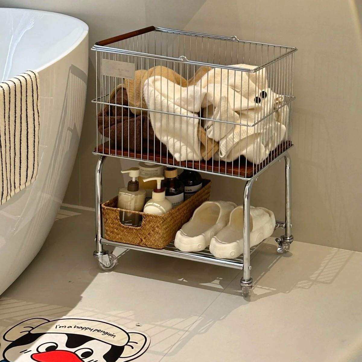 中古风可移动脏衣篮浴室多功能杂物收纳筐家用高颜值轻奢置物架