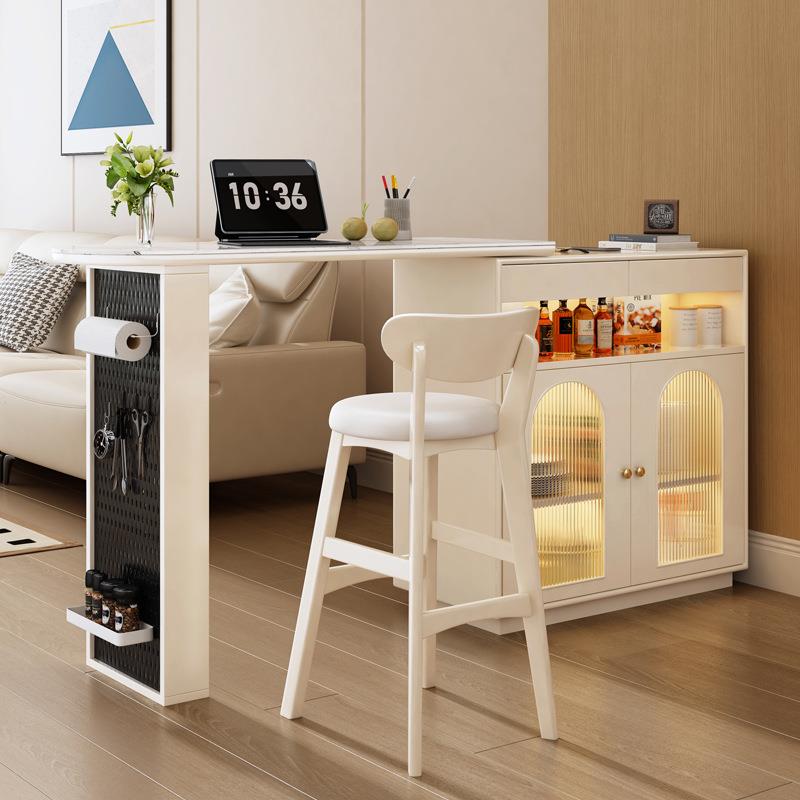 奶油风吧台桌家用可伸缩客厅岩板餐边柜隔断一体靠墙小户型储物柜