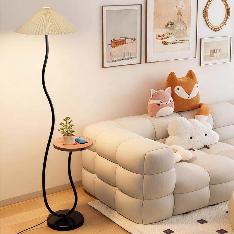百褶落地灯客厅沙发旁边几卧室床头柜无线装饰置物架一体立式台灯