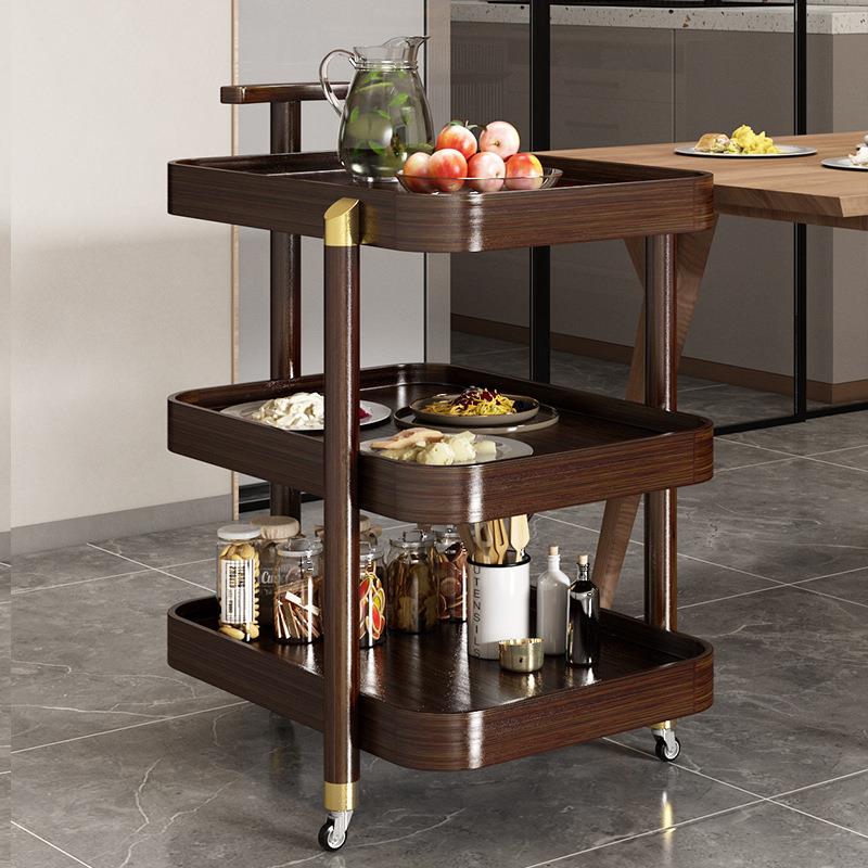 新中式小餐车圆形边几小推车可移动实木客厅小茶几迷你桌子置物架