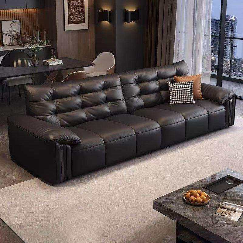 意式真皮沙发客厅小户型简约现代钢琴键直排三人位黑色沙发单人