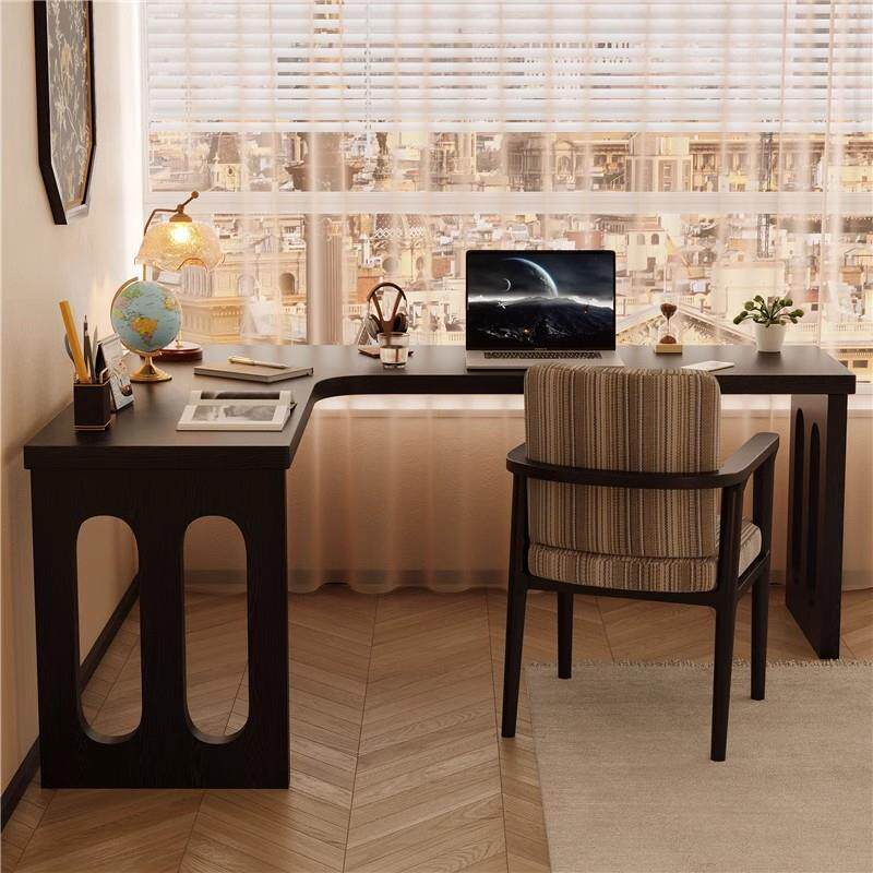 全实木转角书桌家用黑色电脑桌双人小众l型拐角办公桌工作台桌子