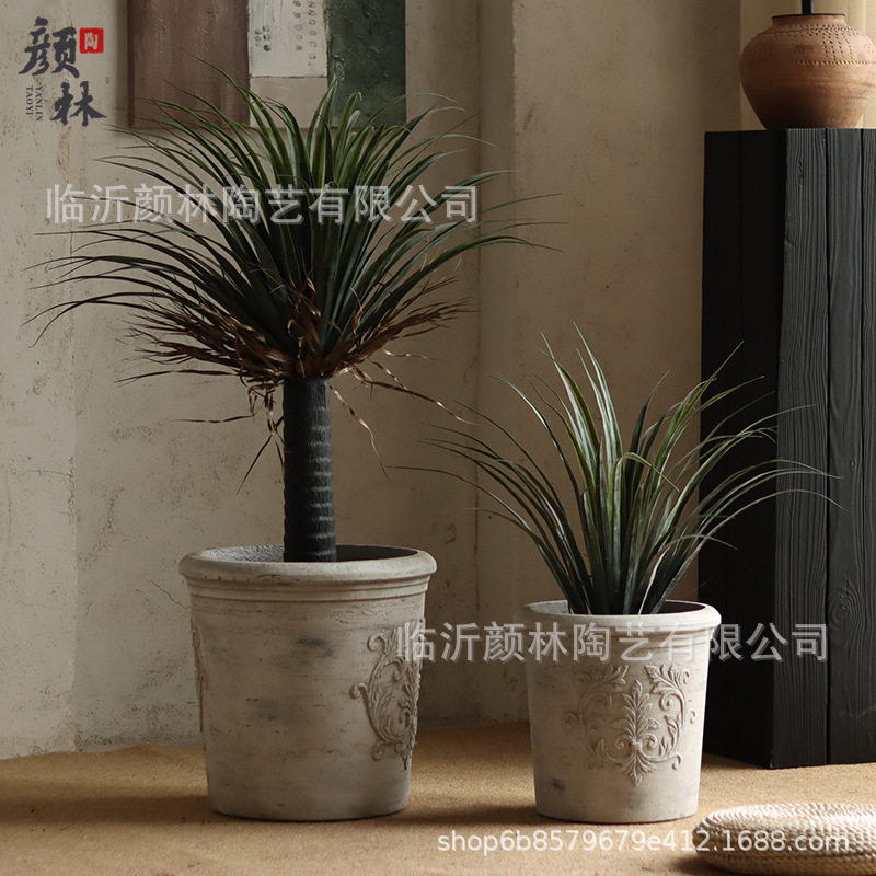 欧式简约镁泥花盆做旧复古罗马风落地花盆酒店阳台花园装饰绿植盆