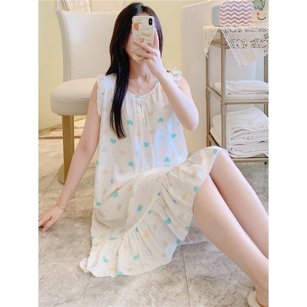 真丝女睡衣夏季薄可爱卡通外穿学生无袖背心连衣裙人造棉睡衣家装