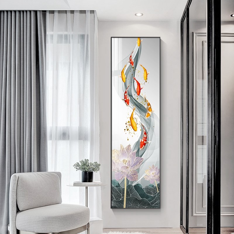 挂画竖版窄长画玄j关别墅长条条幅装饰画酒店挂画极窄九鱼图竖定图片