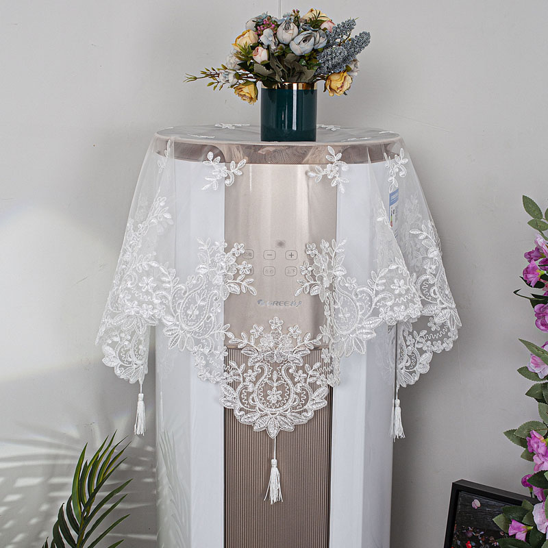 简约刺绣圆柱空调盖布双层蕾丝立式空调罩床头柜洗衣机多用盖巾白