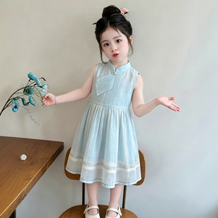 兮可雅 2026年夏季新款高级感女童蓝色连衣裙可爱甜美小女孩裙子