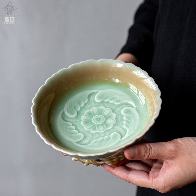 速发中式青瓷镂空浮雕渐古三足泡承干壶台 复变刻花陶瓷茶承