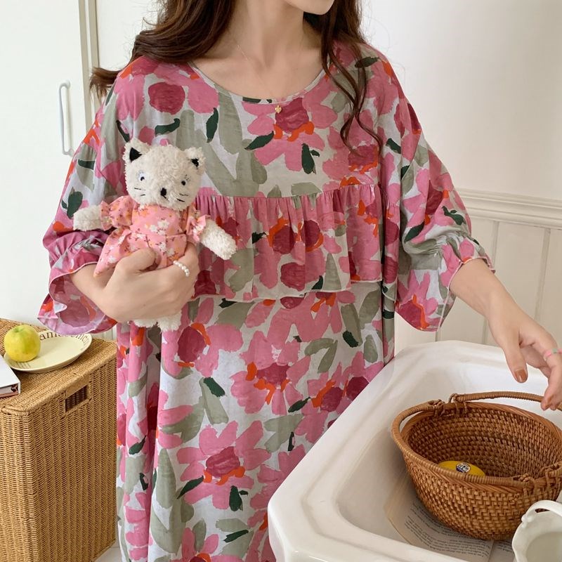 速发新款睡裙夏天人绸遮胸宽衣棉造棉防凸点大码睡松凉快家居服
