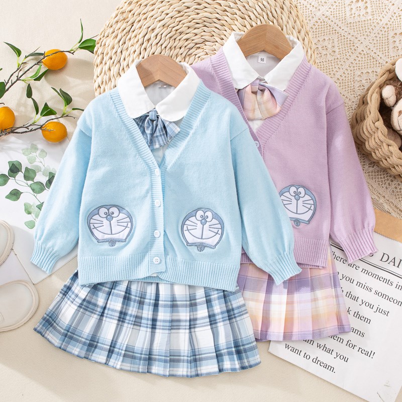 速发童春套装jk制服中小童洋秋裙子三件套气装开外衫套韩版