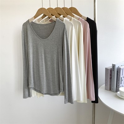 速发长代尔大U领莫袖打底上T恤垂坠感宽松休闲纯色舞蹈服练功服衫