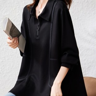 速发九月墨陌尚时黑秋宽松上衣色装新款长袖设计感卫衣