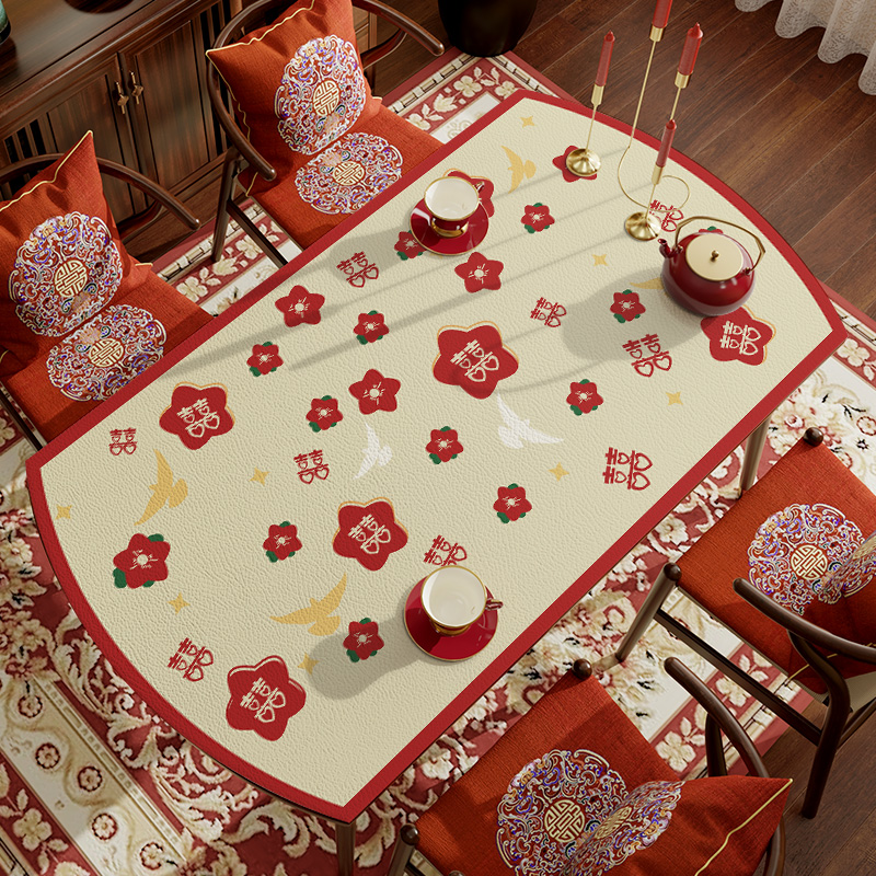速发新中式红色桌婚喜庆餐桌布防水防油防烫椭圆形结垫岩板台面垫