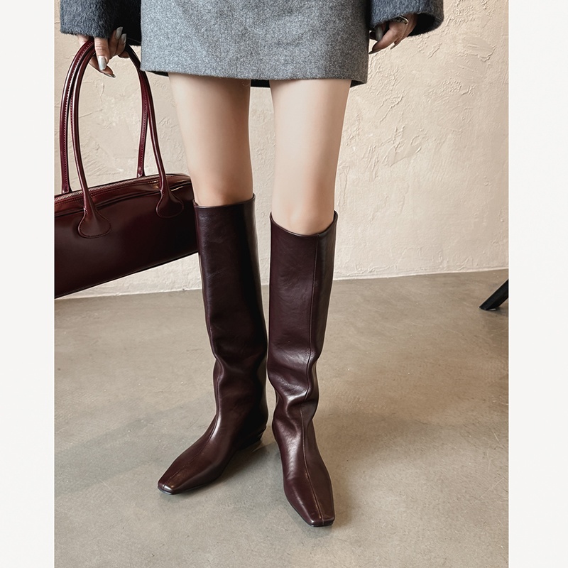 3cm时尚方头粗跟长筒骑士靴女百搭纯色韩版风套筒牛皮堆堆时装靴