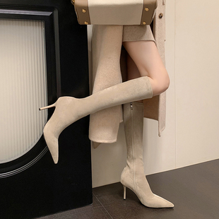 靴 风弹力瘦瘦绒面时装 9cm时尚 尖头超高细跟长筒靴女百搭纯色韩版