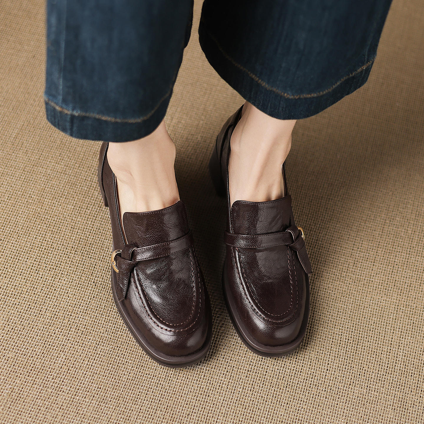 6cm羊皮英伦一脚蹬圆头乐福鞋