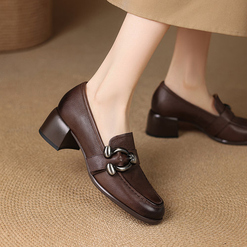 5cm圆头粗跟深口乐福鞋女百搭