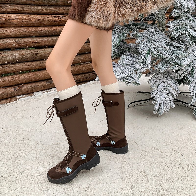 5cm休闲风圆头拼接磨砂皮系带长筒靴女防滑橡胶底纯色中跟时装靴