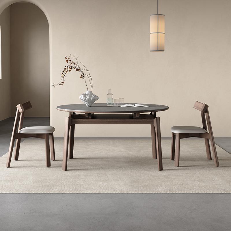 意式灰色岩板餐桌可伸缩圆形家用小户型饭桌椅现代简约实木圆餐桌