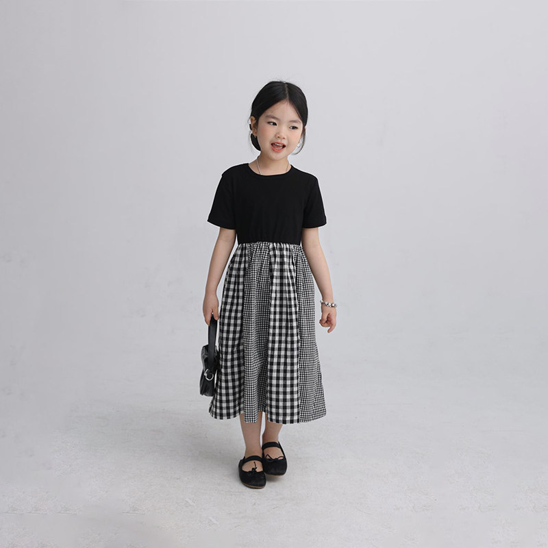 IVORYBUBBLE春夏新款童装日系女童格子拼接连衣裙儿童裙子亲子