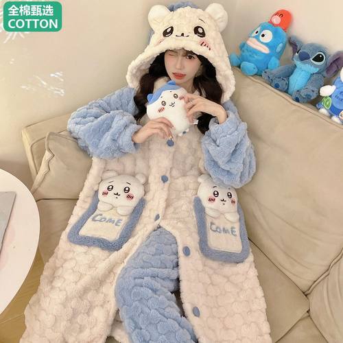 全棉母婴纯棉儿童法兰绒秋冬季睡衣女童吉伊卡哇睡袍保暖珊瑚绒女