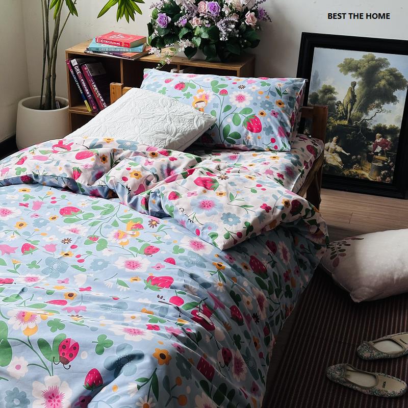 出口日本订单 全棉60支贡缎印花床上用品 枕套被套床单床笠四件套