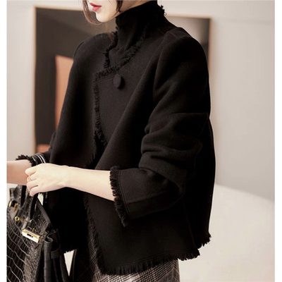 2025秋冬新款赫本小香风双面呢羊绒大衣短款小个子流苏羊毛呢外套