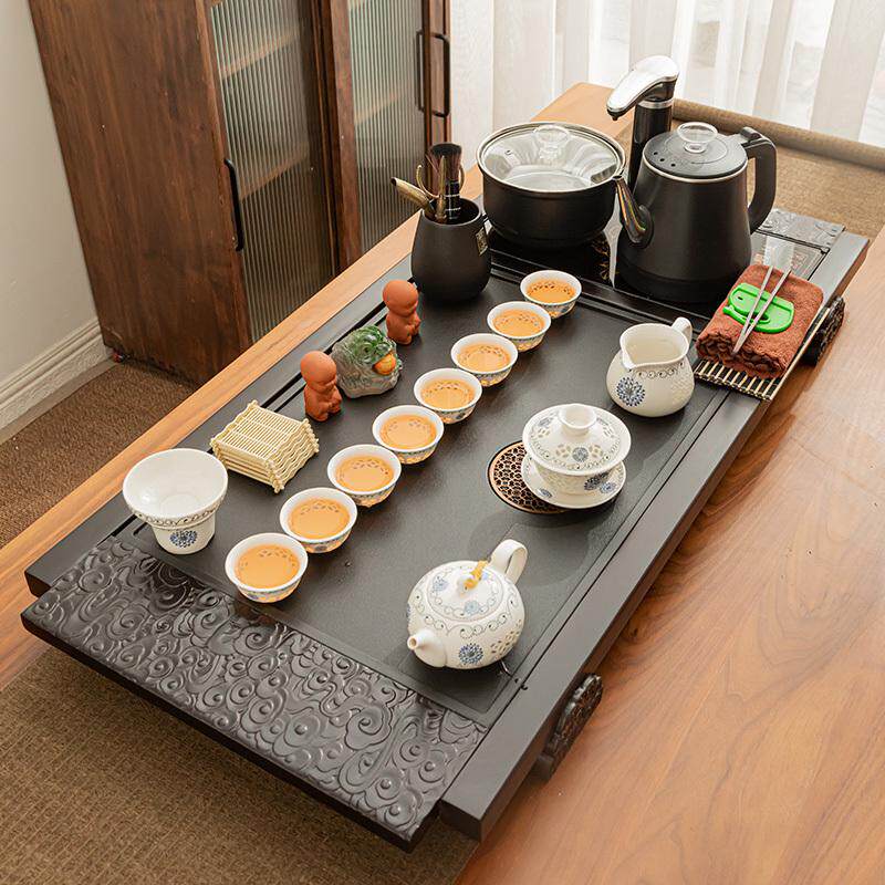 整套功夫茶具套装家用现代简约实木仿乌金石瓷烧水全自动一体茶盘