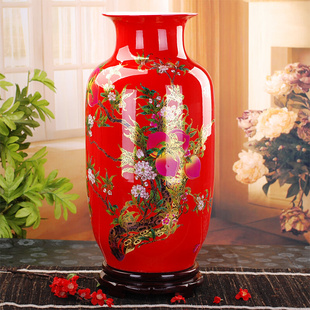 时尚 中国红寿桃花瓶家饰客厅摆件 现代 314景德镇陶瓷 落地花瓶