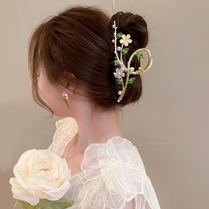 精致猫眼石花朵发夹气质树枝抓夹