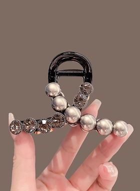 优雅气质灰色珍珠发夹水钻鲨鱼夹精致简约抓夹后脑勺盘发头饰发卡