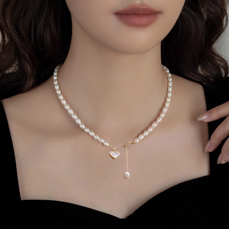 施家珍珠项链淡水珍珠爱心锁骨链