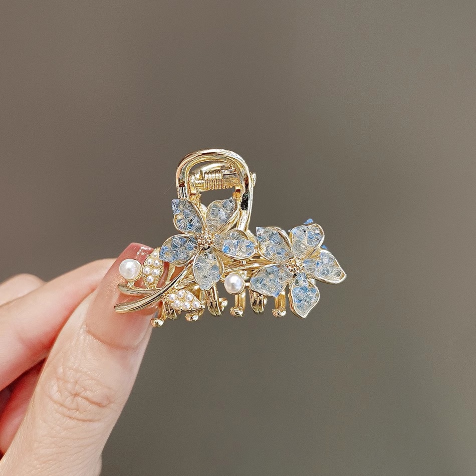 蓝色水晶花朵发夹女小号珍珠抓夹