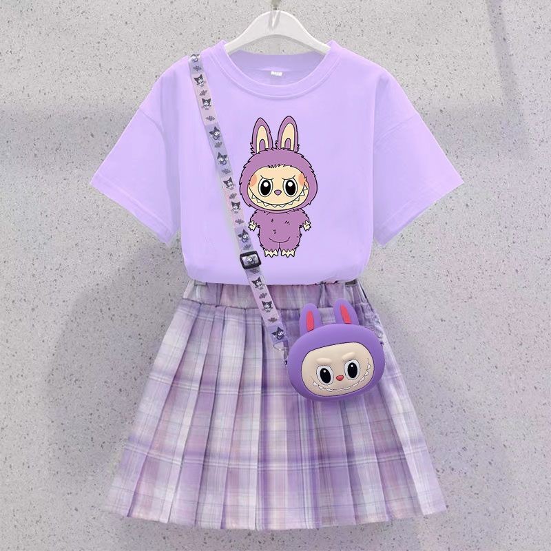 拉布布T恤女童jk短袖套装送包包女孩夏装labubu连衣裙儿童百褶裙