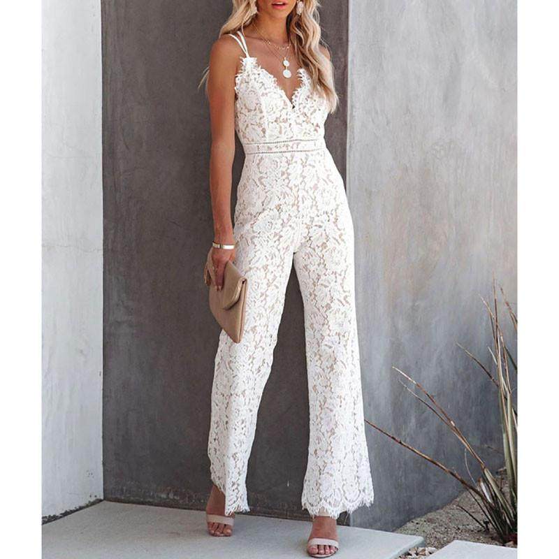 Backless Lace Jumpsuit Summer性感露背高腰吊带蕾丝连体裤