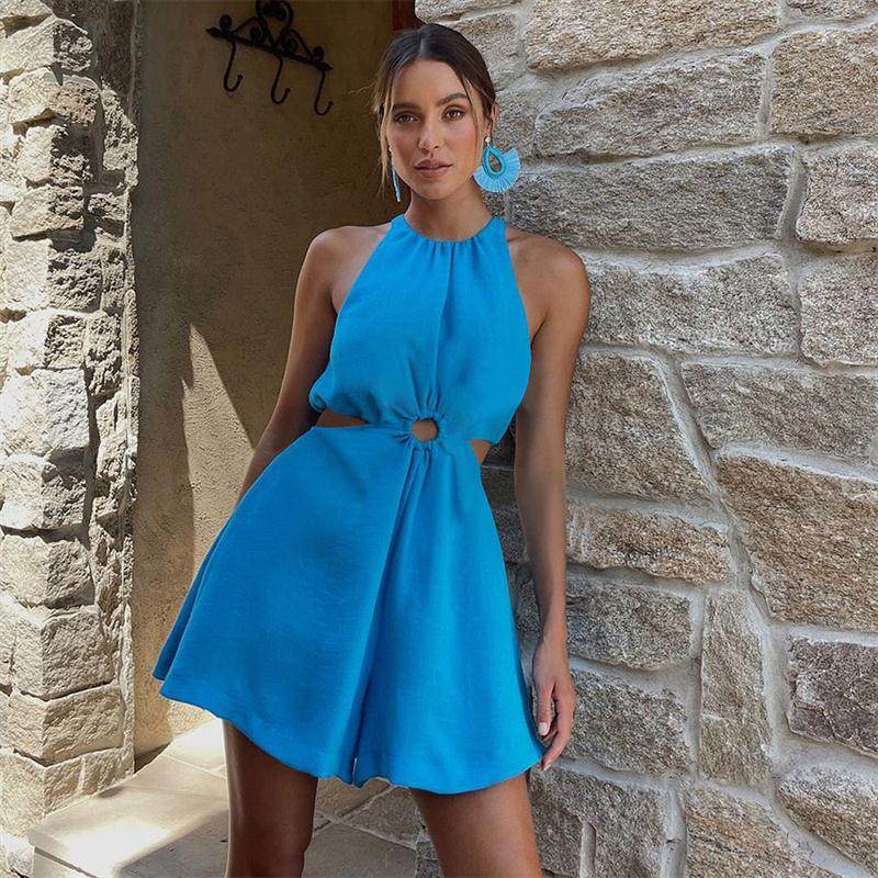 Women Hollow Out Halter Rompers度假风挂脖镂空小众棉麻连体裤