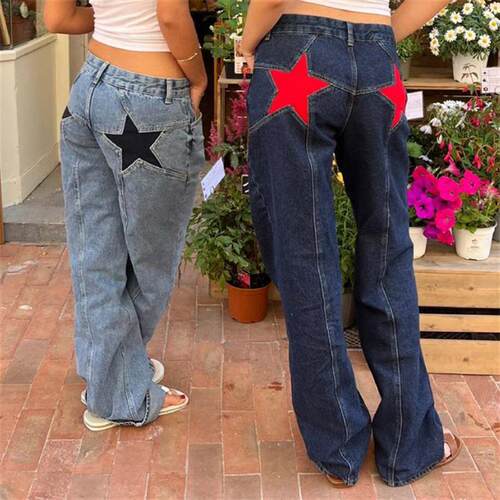 欧美休闲宽松阔腿直筒牛仔裤女 Casual Jeans Denim Pants Women