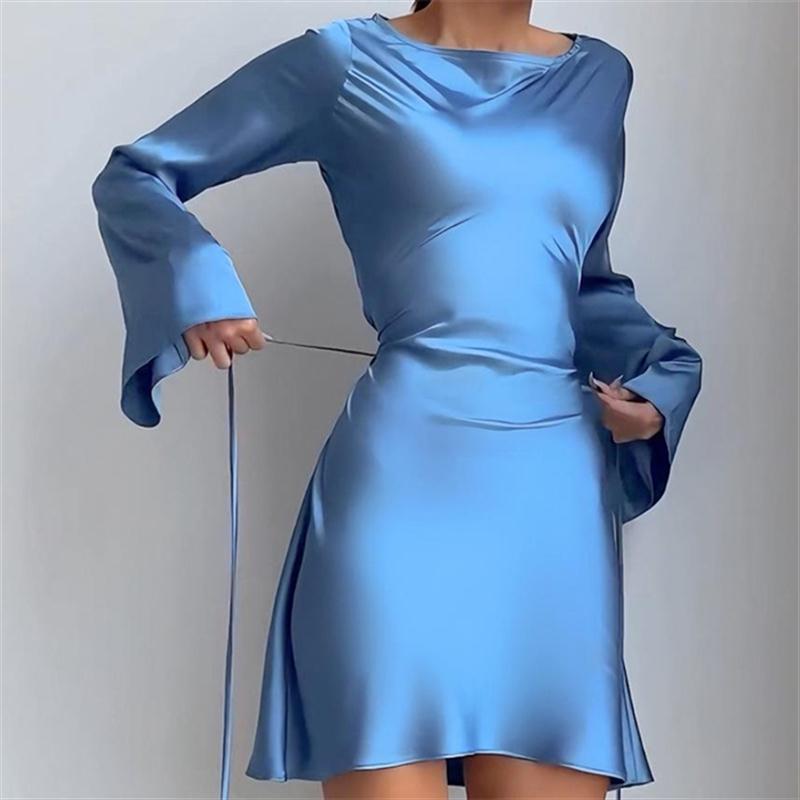 欧美性感长袖修身缎面连衣裙短裙 sexy bodycon satin mini dress - 实物图