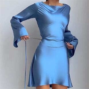 欧美性感长袖修身缎面连衣裙短裙 sexy bodycon satin mini dress