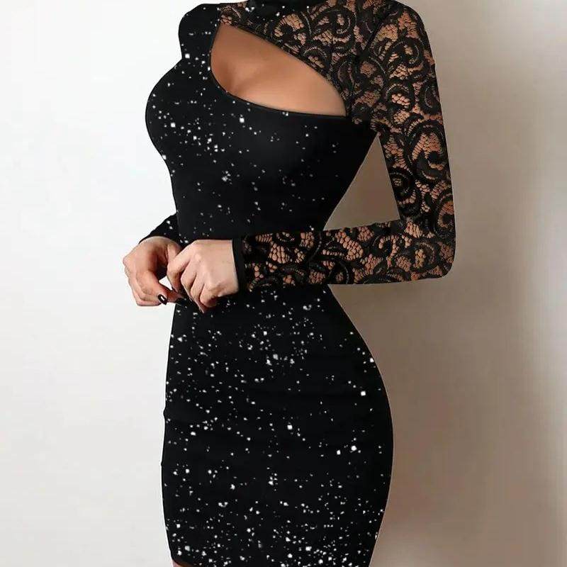 蕾丝镂空撒粉紧身裙Glitter Contrast Lace Cutout Bodycon Dress
