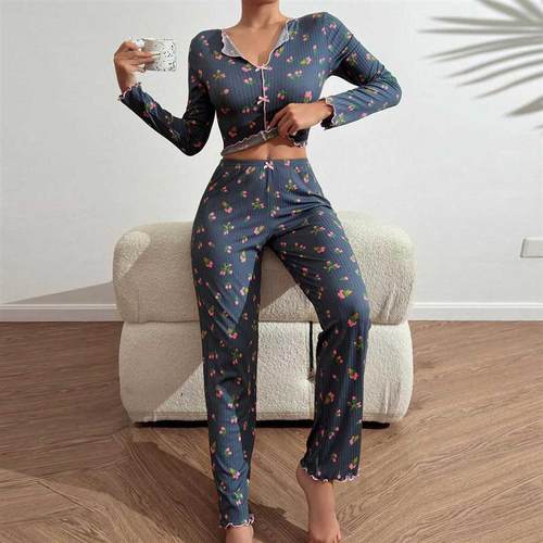 欧美睡衣女蕾丝花边家居两件套casual pajamas women long sleeve