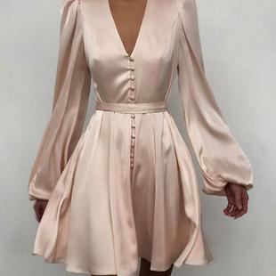 Button Ruched Front Shirt 连衣裙女 Puff Dress灯笼袖 Sleeve