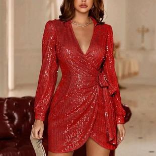 party 欧美聚会性感V领系带珠片连衣裙Women neck dress sexy
