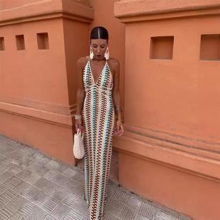 波西米亚风格 针织镂空挂脖深V性感露背绑带收腰显瘦连衣裙中长款