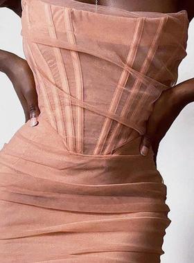 CuriousCat经典抹胸鱼骨束腰网纱褶皱包臀中裙气质礼服女生日宴会