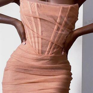 CuriousCat经典抹胸鱼骨束腰网纱褶皱包臀中裙气质礼服女生日宴会