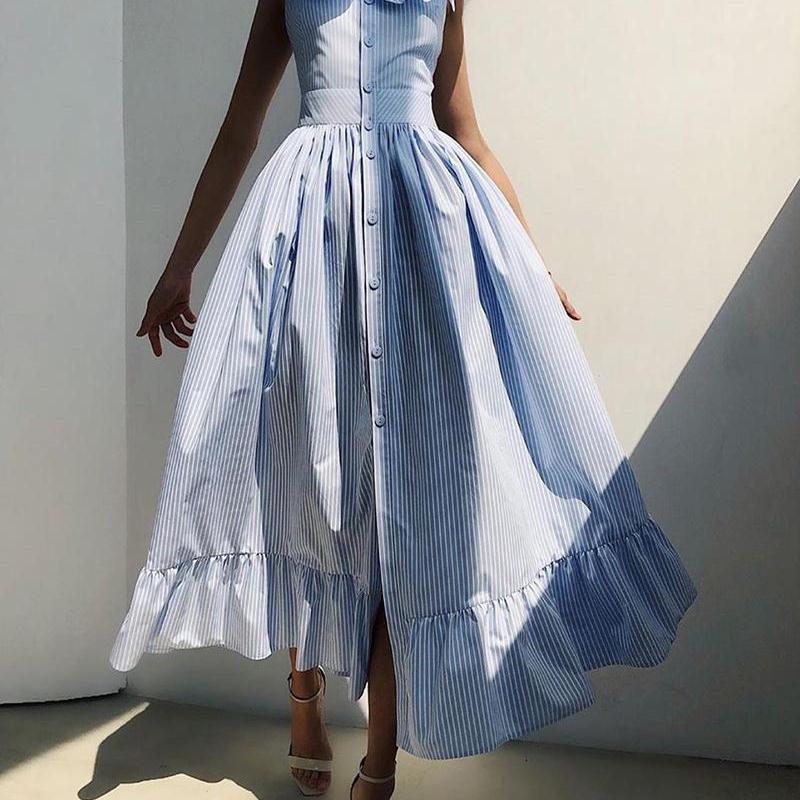 Women Striped Print Ruffles Dress条纹荷叶边收腰连衣裙